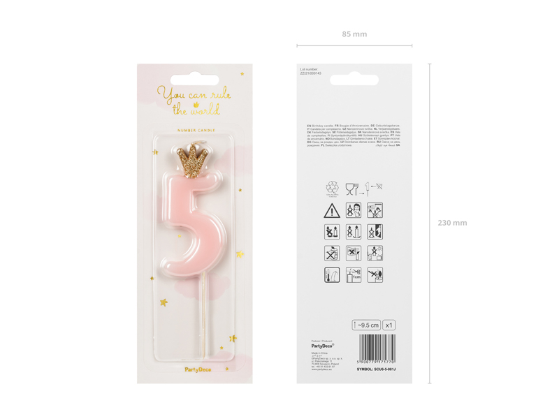 Sünnipäevaküünal number 5, heleroosa, 9,5cm