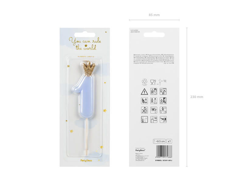 Sünnipäevaküünal number 1, helesinine, 9,5cm