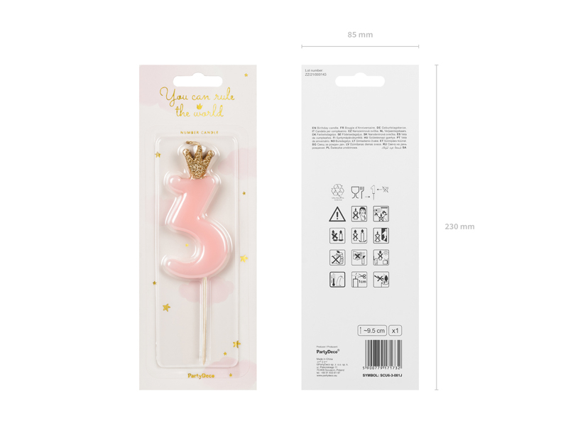 Sünnipäevaküünal number 3, heleroosa, 9,5cm