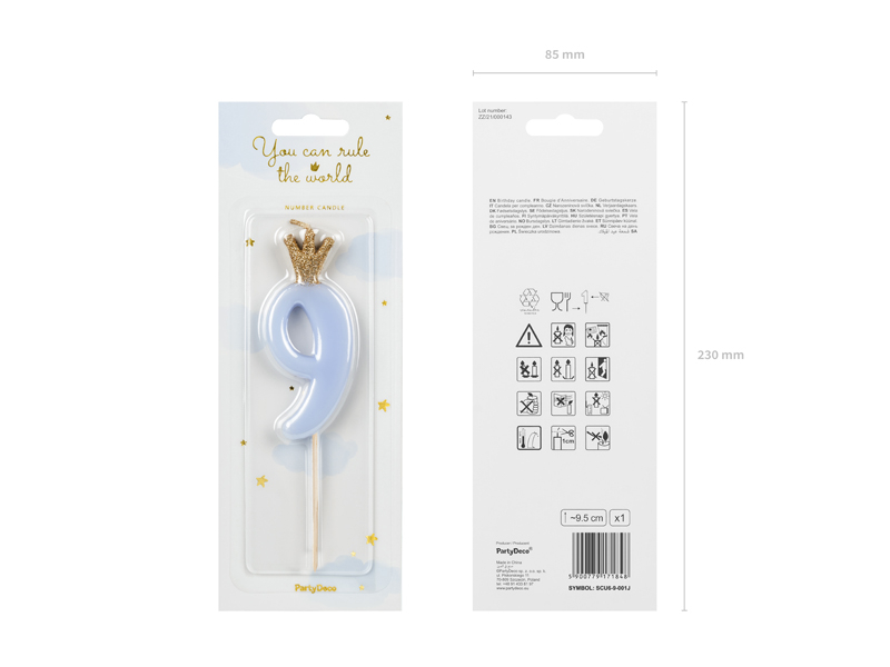 Sünnipäevaküünal number 9, helesinine, 9,5cm