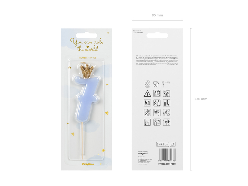 Sünnipäevaküünal number 7, helesinine, 9,5cm