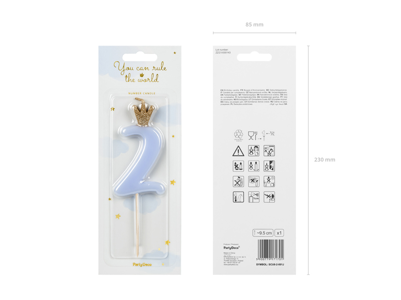 Sünnipäevaküünal number 2, helesinine, 9,5cm